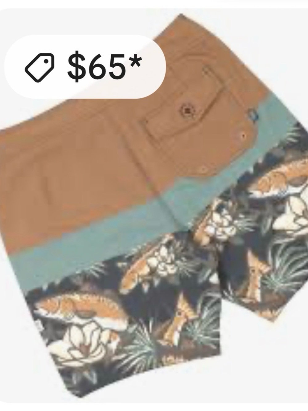 Men's Two-Tone Floral Fish Print Swim Shorts - Tan/Blue
